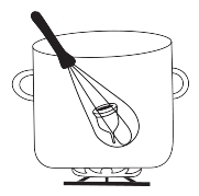 Sterilising the cup in a pot with a whisk